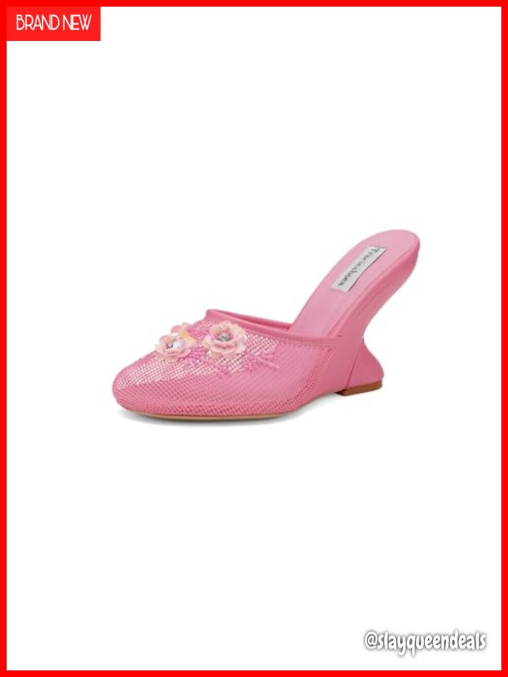 Women's Mesh Mule Slip On Sandals Floral Sequin Round Toe Wedge Heel Slides